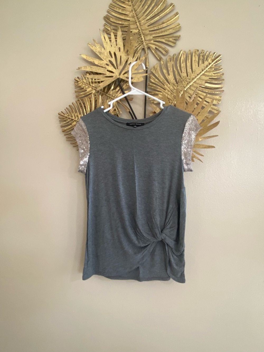 Love Tree Gray Short Sleeve Tee with Silver Sequin Sleeves